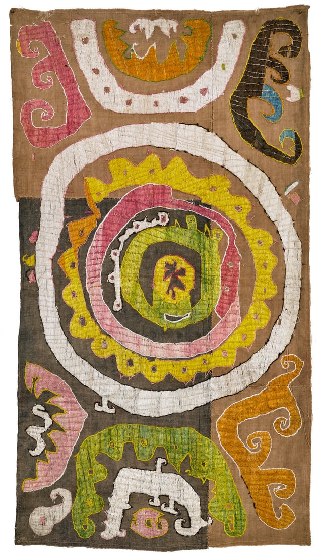 Kaitag Embroidery: 19th century, 104 x 57 cm, North East Caucasus, Daghestan This Kaitag embroidered in an abstract design in jazzy colours is surprisingly wild in expression. The cotton foundation, respectively in ligh