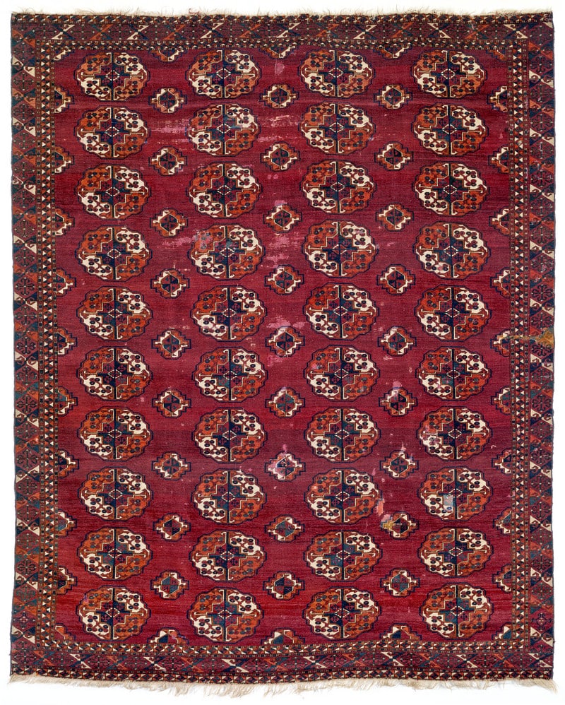 Saryk Main Carpet: first half 19th century, 245 x 196 cm, Central Asia, West Turkestan An early Saryk main carpet woven at a time when the tribe still lived in the Merv oasis. The spaciously conceived field design