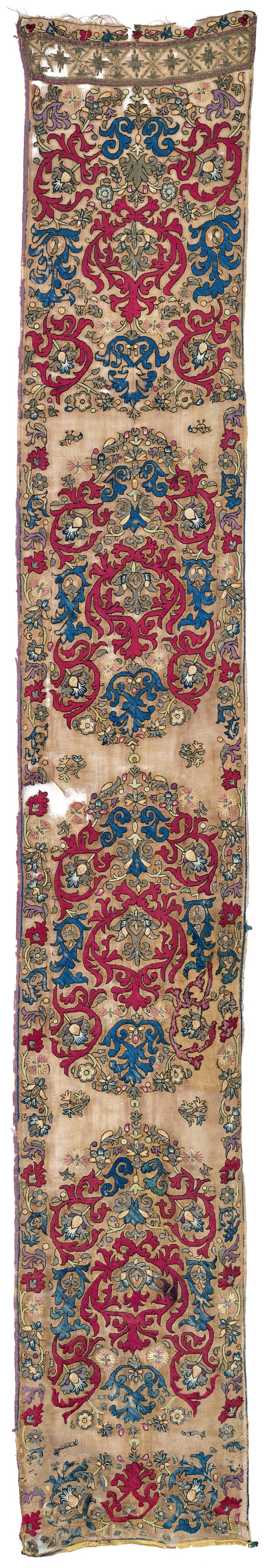 Tanchifa Silk Embroidery: 18th century, 241 x 36 cm, North Africa, Algeria This silk embroidery (tanchifa) from Algeria on a sheer linen muslin foundation is reduced in length. A directional design of convoluted stems in