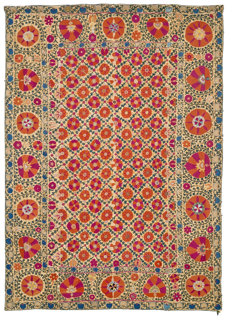 Kermina Suzani: first half 19th century, 294 x 211 cm, Central Asia, South West Uzbekistan Precisely drawn and embroidered in yurma chain stitch throughout, this very large suzani composed of four panels is probably