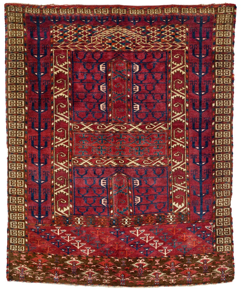 Tekke Ensi: first half 19th century, 145 x 116 cm, Central Asia, West Turkestan Early Tekke tent door rugs display a particular, characteristic style. The surface is filled less densely than in later examples,