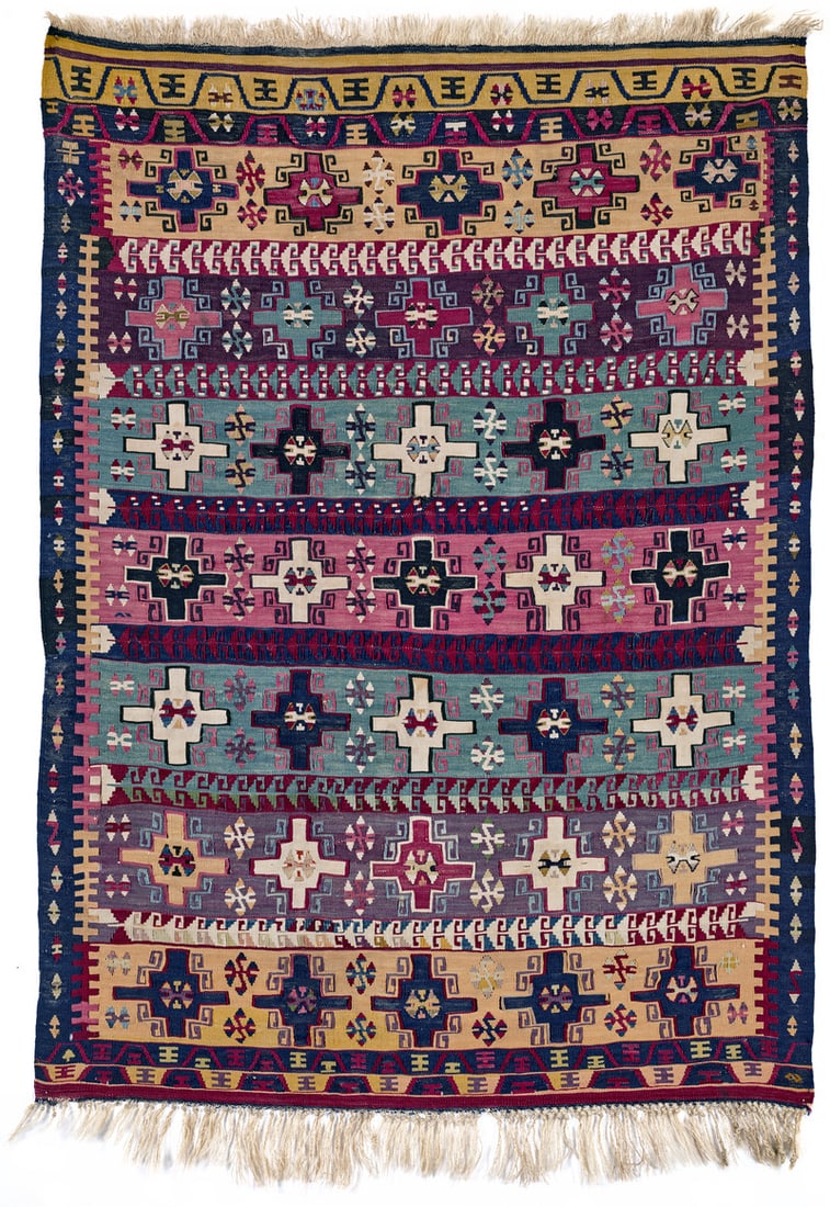 Reyhanli Kilim: mid 19th century, 124 x 91 cm, South East Anatolia Very fine in weave, this Reyhanli kilim displays seven wide horizontal stripes, each comprising a row of five crosses, and six narrow chains of