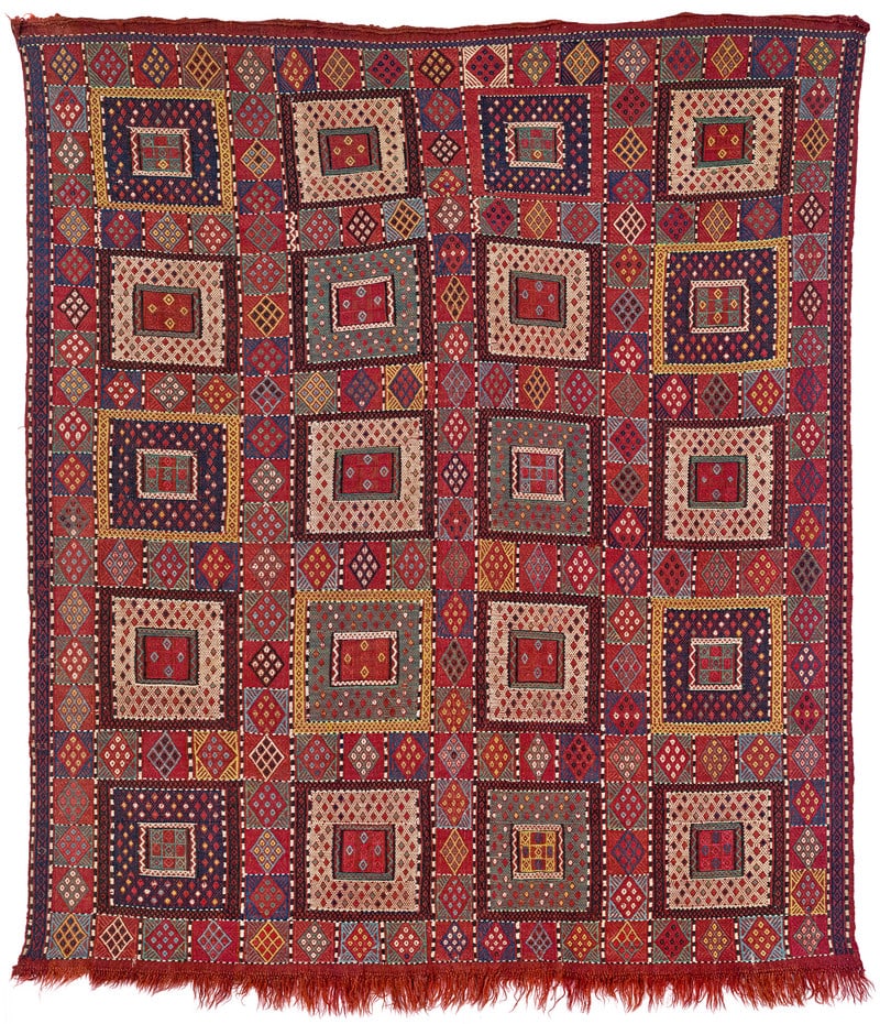 Azeri Zili: second half 19th century, 210 x 183 cm, South Caucasus, Karabagh Woven in a single piece, this cover brocaded in a design of 20 compartments and wide dividing bands comprising small diamonds within