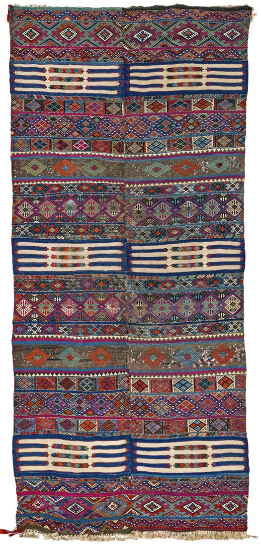Malatya Flatweave: second half 19th century, 320 x 139 cm, East Anatolia Due to the fact that wide looms were not available, these Kurdish Malatya flatweaves used to be made in two panels that were later stitched