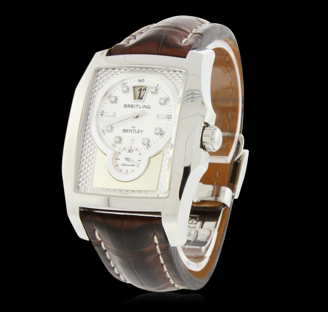 Breitling Bentley Flying "B" Stainless Steel Diamond: One Breitling Bentley Flying "B" Stainless Steel Diamond Wristwatch featuring: Brown leather strap with white stitching, stainless steel Case, Crown, Lugs, and Bezel, Deployment Clasp, White Dial with
