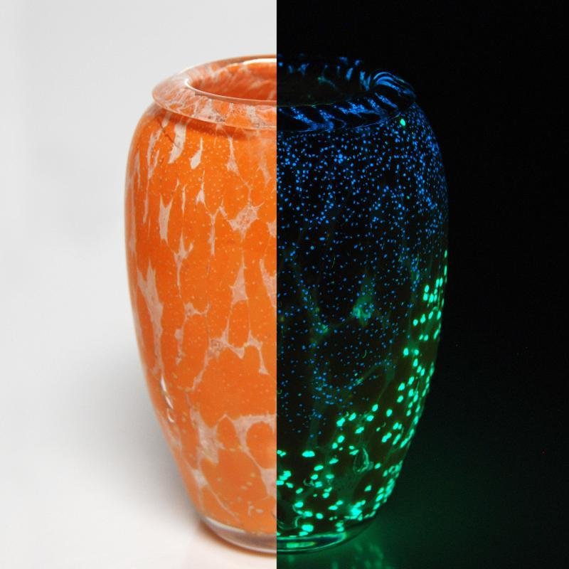 Vase Sculpture by Jean Claude Novaro: This piece is an imported original hand-blown glow-in-the-dark glass vase sculpture by Jean Claude Novaro, Hand Signed by the Artist! Measures approx. 4.5" (diameter) x 7" (height), 3 lbs. (weight).