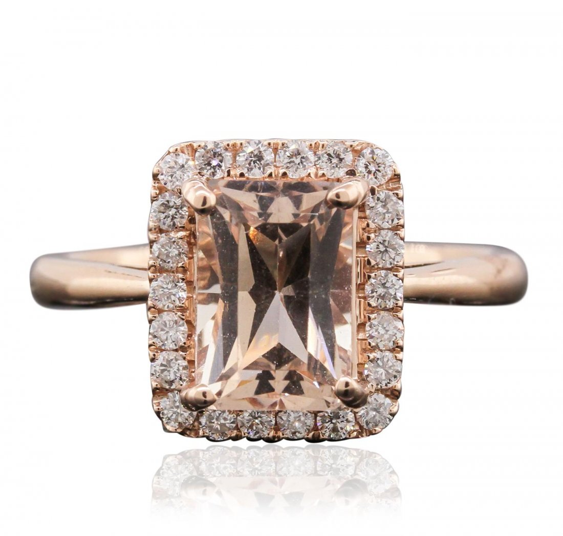 14KT Rose Gold 2.27ct Morganite and Diamond Ring: One electronically tested 14KT rose gold ladies cast morganite and diamond ring with a bright polish finish. Condition is new, good workmanship. The featured morganite is set within a diamond bezel su