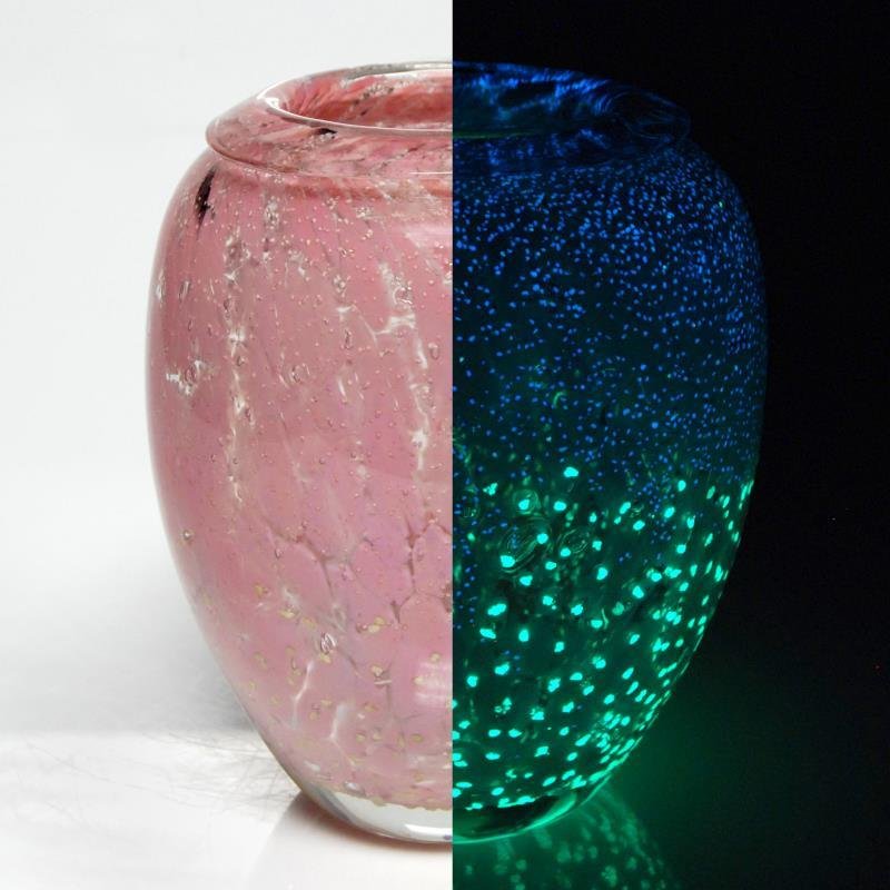 Glass Vase Sculpture By Jean Claude Novaro: This piece is an imported original hand-blown glow-in-the-dark glass vase sculpture by Jean Claude Novaro, Hand Signed by the Artist! Measures approx. 5" (diameter) x 6.5" (height), 3.5 lbs. (weight).