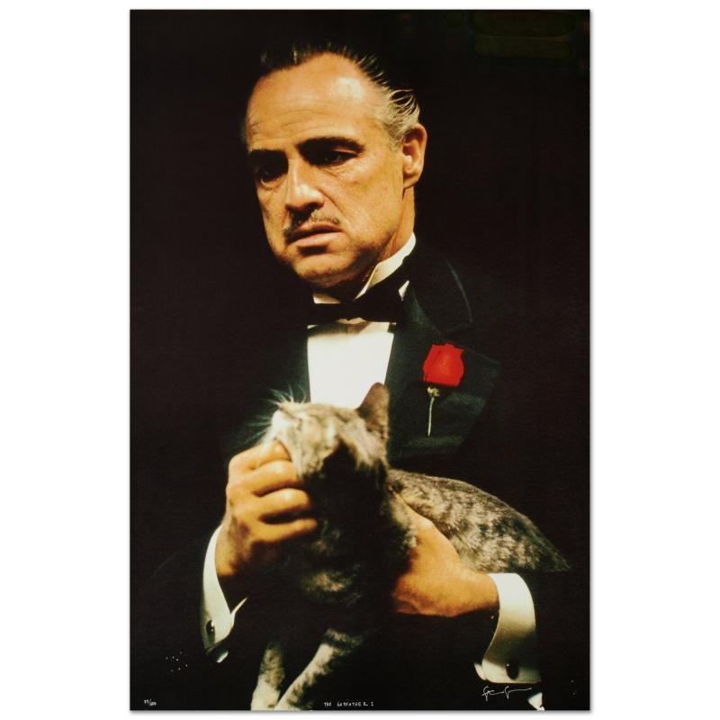 The Godfather's Cat by Steve Schapiro: "The Godfather's Cat" is a limited edition lithograph on museum quality deckle-edge paper, numbered and hand signed by Steve Schapiro. It depicts a scene from the iconic movie 1972's "The Godfather",