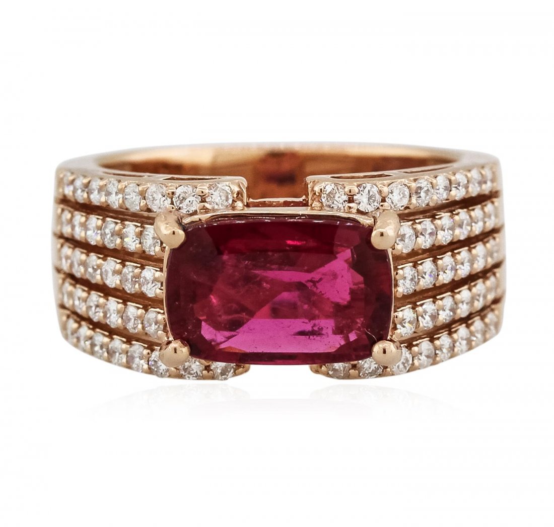 14KT Rose Gold 2.42 ctw Rubelite and Diamond Ring: One electronically tested 14KT rose gold Ladies combination cast & assembled ring with a high polish finish. Condition is new. Identified with markings of "14K". Containing: One prong set rectangular