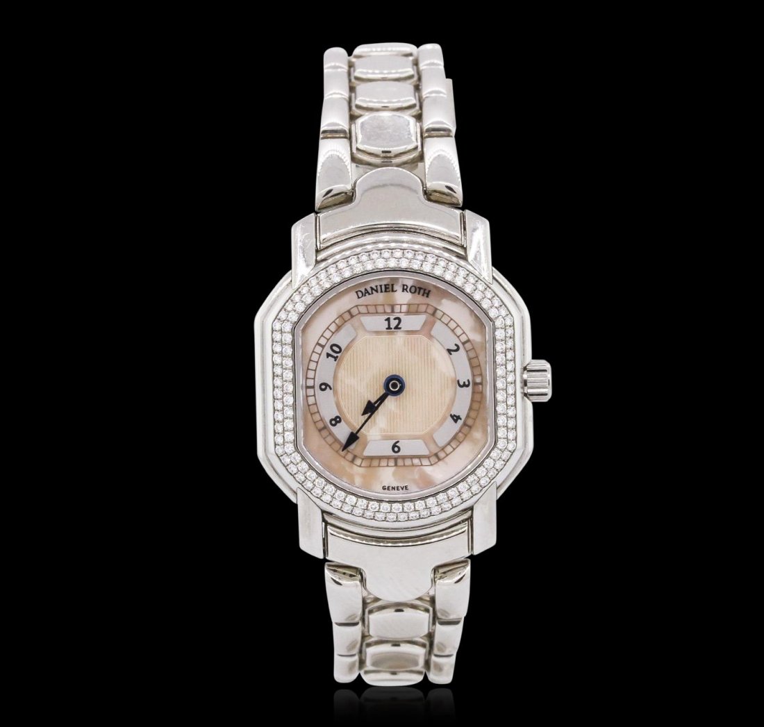 Ladies Stainless Steel Diamond Daniel Roth Wristwatch: One ladies Daniel Roth Luxury Dress Style Wristwatch featuring: Factory Diamond Bezel, Stainless Steel Case, Screw Down Crown, and Lugs, Salmon Guilloche Mother of Pearl Dial with Analog Display, Arab