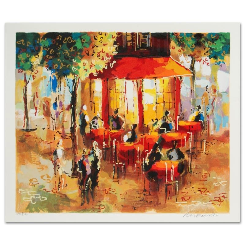Coffee in Paris by Michael Rozenvain: Michael Rozenvain's remarkable art piece is full of rich color and entertaining artistry! "Coffee in Paris" is a limited edition serigraph on paper, hand signed by Rozenvain! Measures approx. 16" x 13