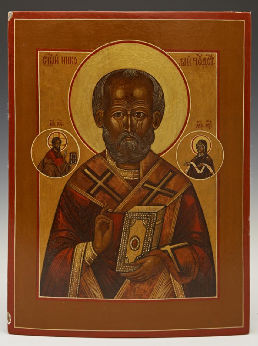 Russian Icon of St. Nicholas, 19th c., egg tempera and: Russian Icon of St. Nicholas, 19th c., egg tempera and gilt on curved wooden panel, restored, H.- 13 1/4 in., W.- 10 in.