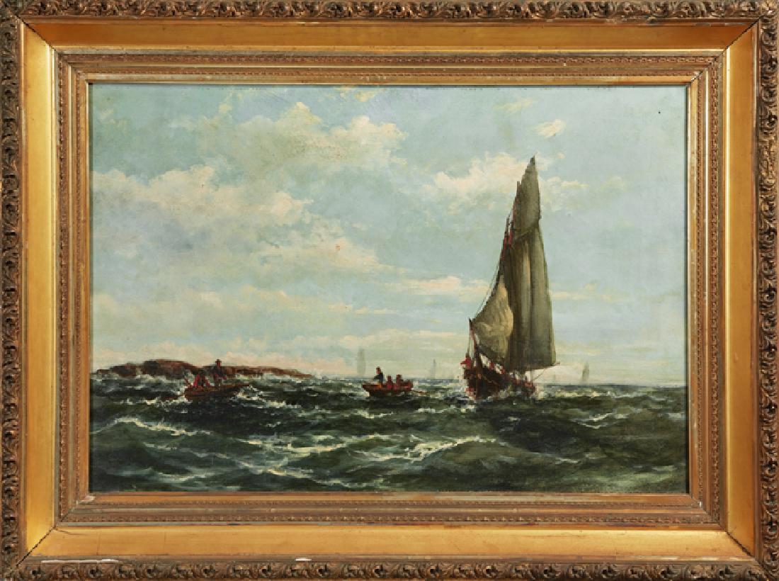 Continental School, "Boats in Rough Seas," 19th c., oil: Continental School, "Boats in Rough Seas," 19th c., oil on canvas, presented in a period gilt and gesso frame, H.- 21 1/2 in., W.- 31 3/4 in.
