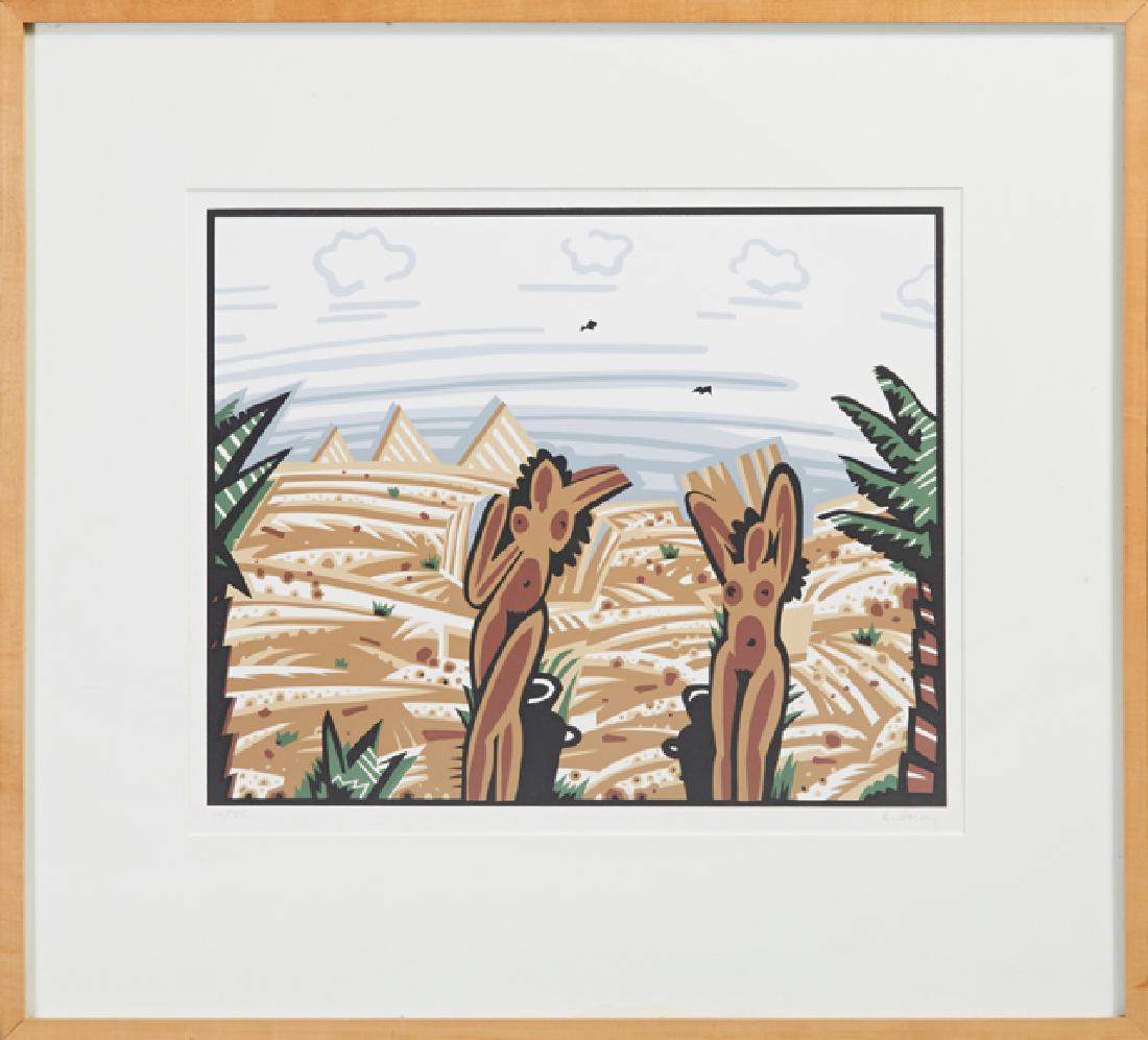 Robert Gordy (1933-1986, New Orleans), "Standing Nude: Robert Gordy (1933-1986, New Orleans), "Standing Nude Females in the Desert," offset lithograph, 10/75, pencil signed l.r., pencil numbered l.l., framed, H.- 13 1/2 in., W.- 16 3/8 in.