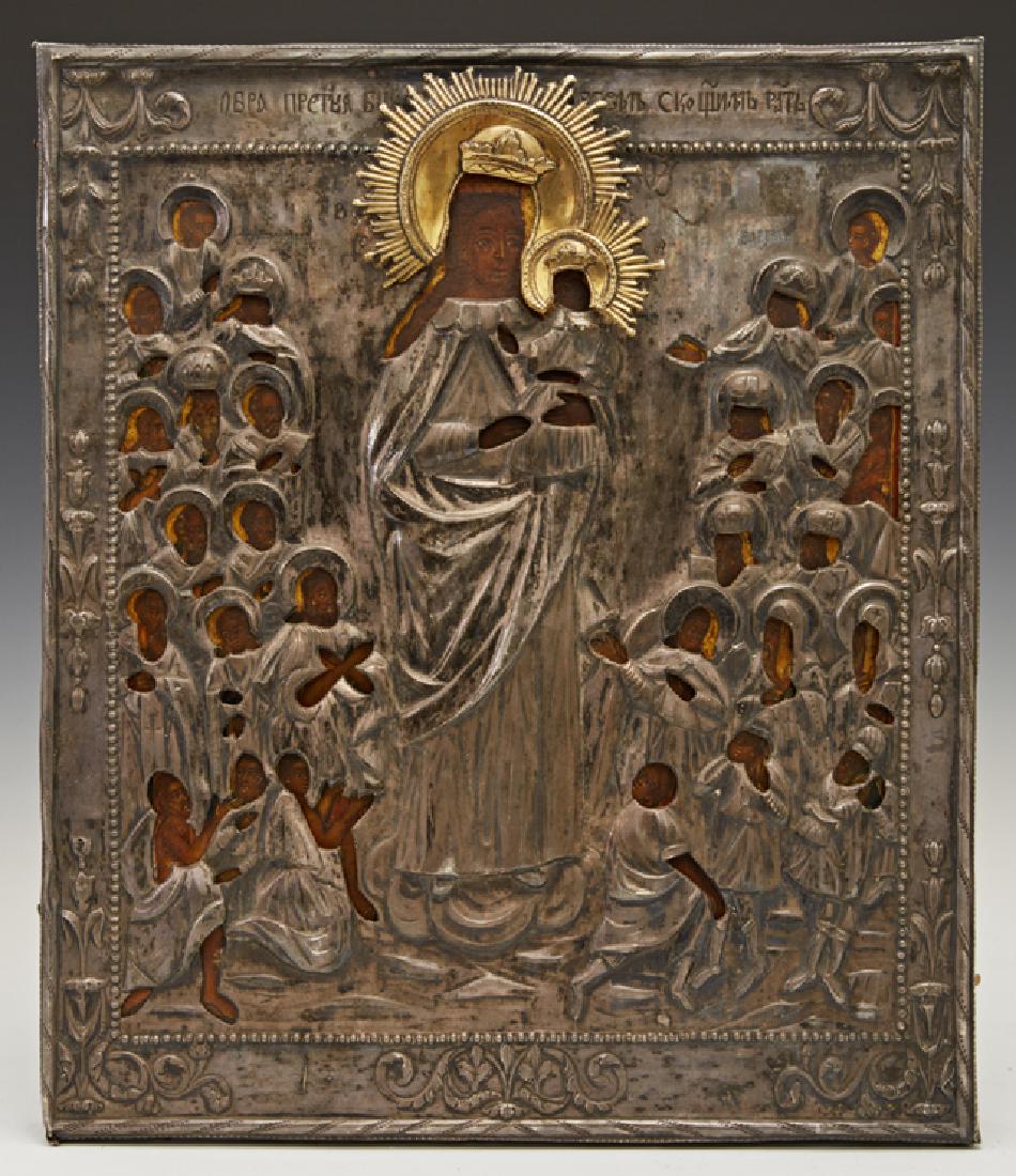 Russian Icon of the Virgin Giving Joy to All Who: Russian Icon of the Virgin Giving Joy to All Who Sorrow, 1800, St. Petersburg, with a gilt and silver oklad, with a maker's mark of "AYA," for Aleksandr Ilbich Yashinov, on a curved wooden panel, H.-