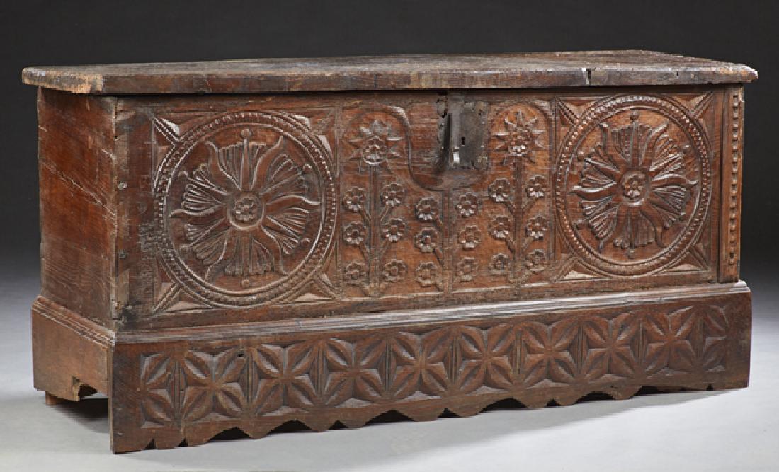 Spanish Carved Oak Coffer, early 19th c., the thick top (1 of 2)