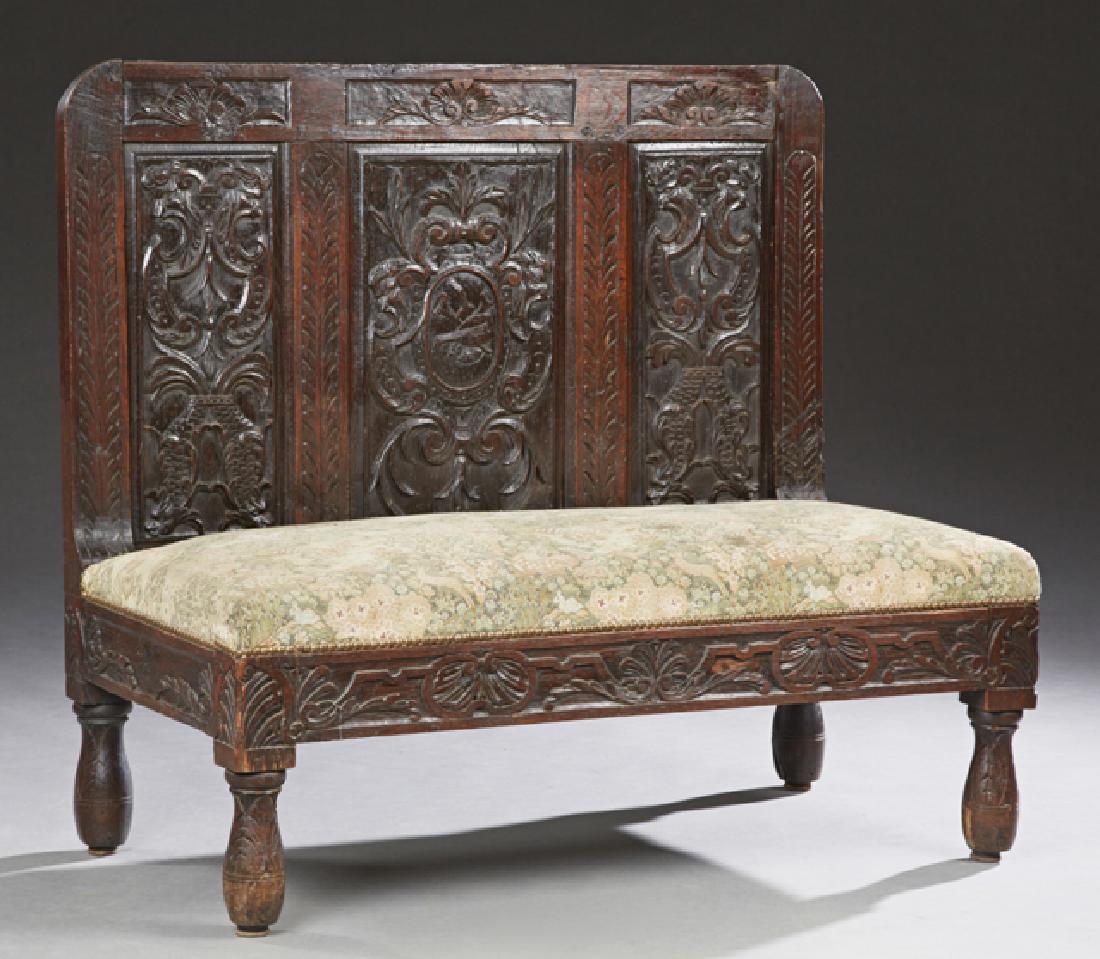 Spanish Style Carved Oak Bench, 19th c., the high back (1 of 1)