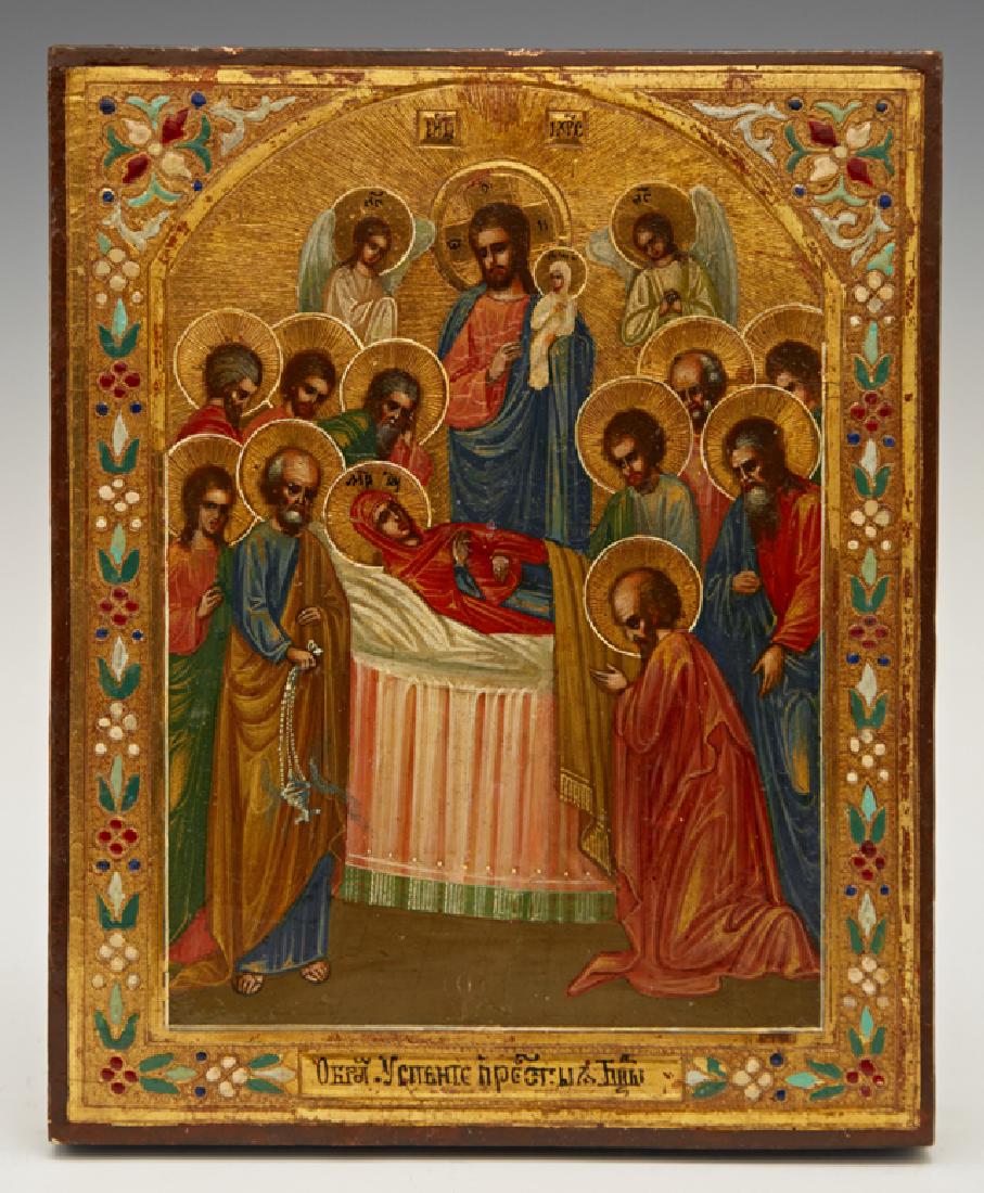 Russian Icon of the Dormition of the Virgin, 19th c.,: Russian Icon of the Dormition of the Virgin, 19th c., gilt and egg tempera on wooden panel, H.- 6 7/8 in., W.- 5 5/8 in.