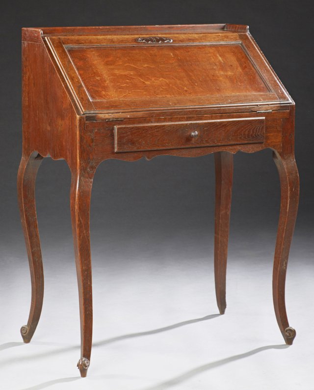 French Louis XV Style Carved Oak Slant Front Secretary, (1 of 2)