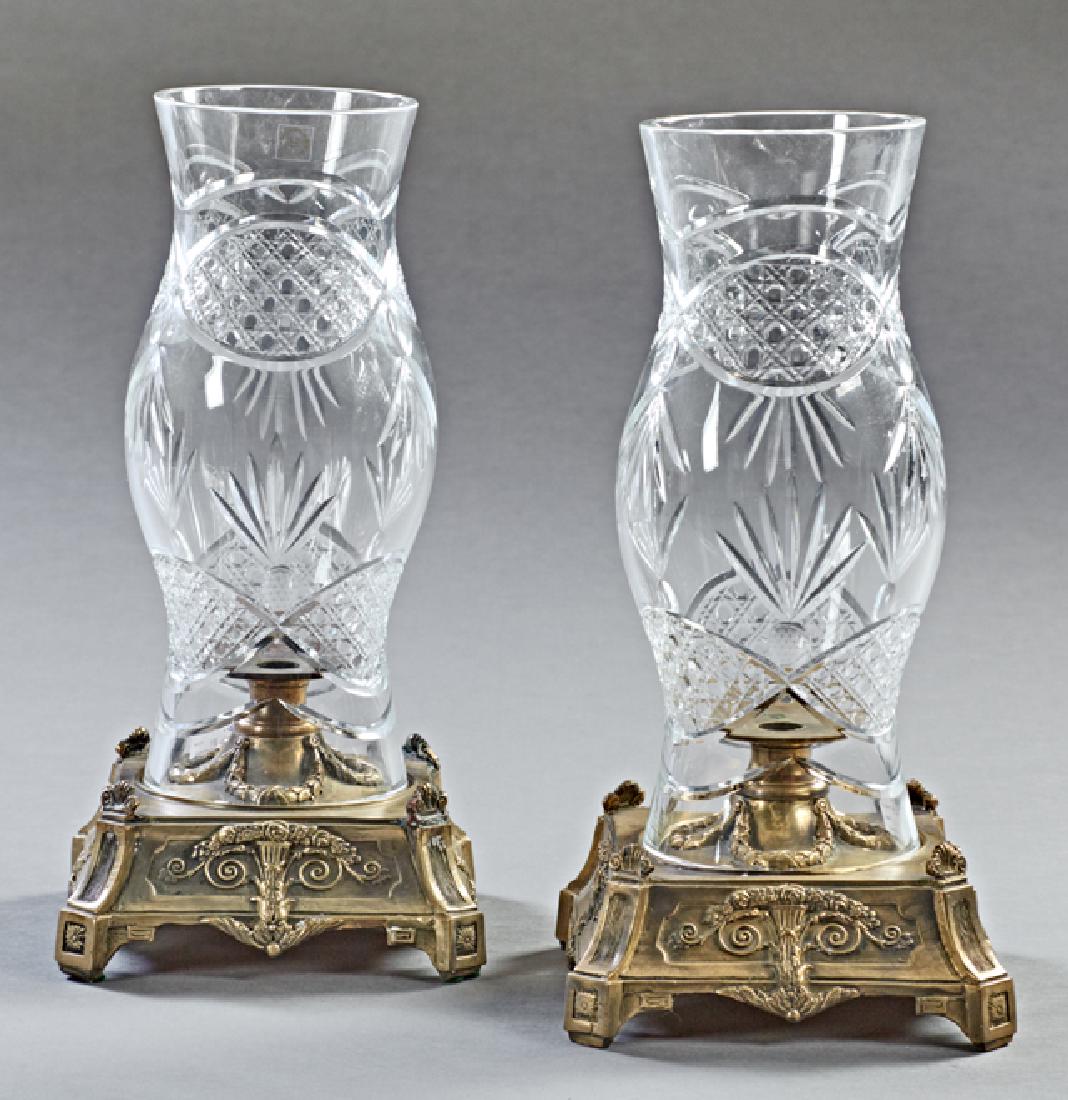 Pair of Brass and Pressed Glass Hurricane Candelabra, (1 of 1)