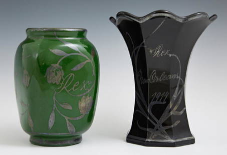 Two Mardi Gras Ball Favors, Rex, consisting of a 1916: Two Mardi Gras Ball Favors, Rex, consisting of a 1916 silver depose four sided green ceramic vase, H.- 5 3/8 in., W.- 3 1/2 in., D.- 3 1/2 in., and a 1917 silver depose black glass vase, H.- 5 3/4 in.