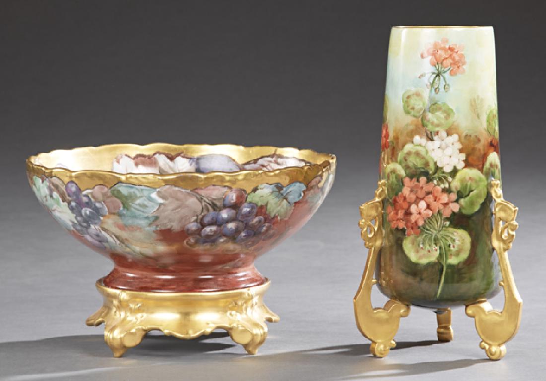 Two Pieces of Continental Porcelain, c. 1900,: Two Pieces of Continental Porcelain, c. 1900, consisting of Austrian Porcelain Punch Bowl, by Moritz Zdekauer , Altrolau, with grape motif decoration, on an associated gilt porcelain base by Tresseman