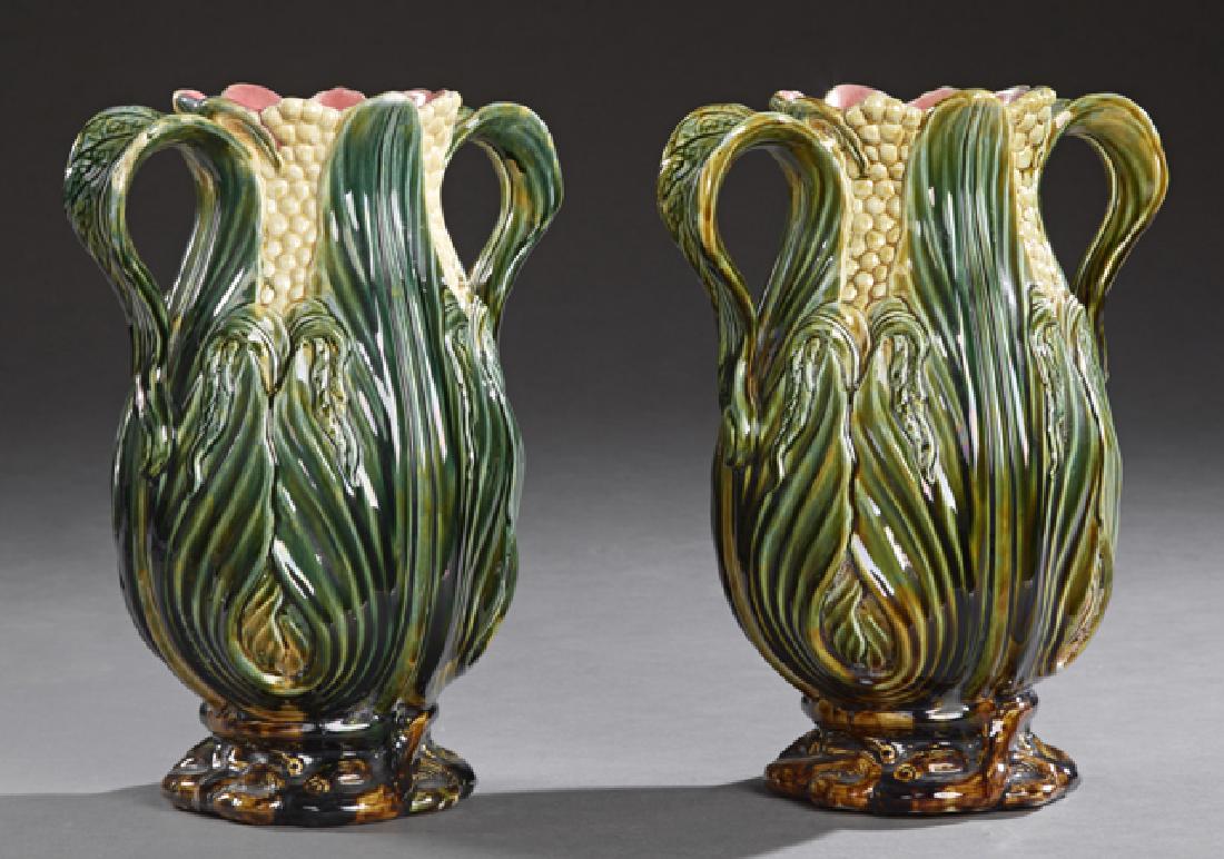 Pair of Large French Majolica Baluster Handled Vases, (1 of 3)