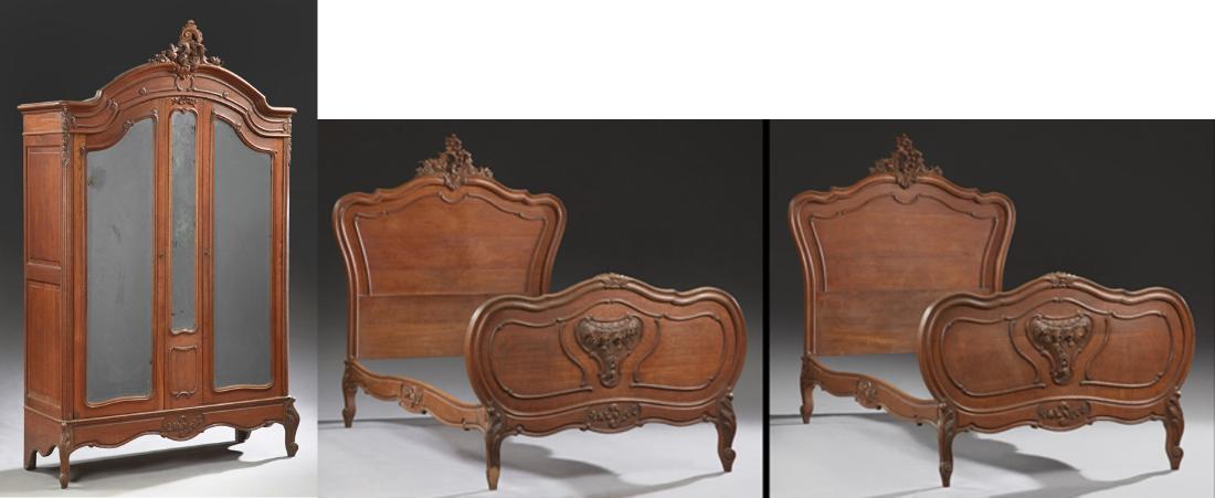 Three Piece French Carved Walnut Louis XV Style Bedroom (1 of 3)