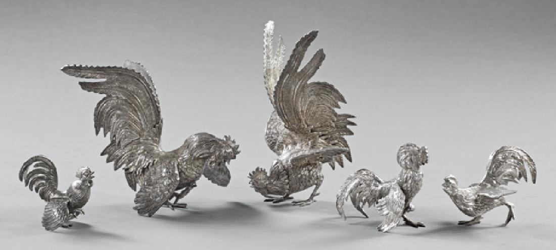 Group of Five Silvered Metal Rooster Table Garnitures, (1 of 1)