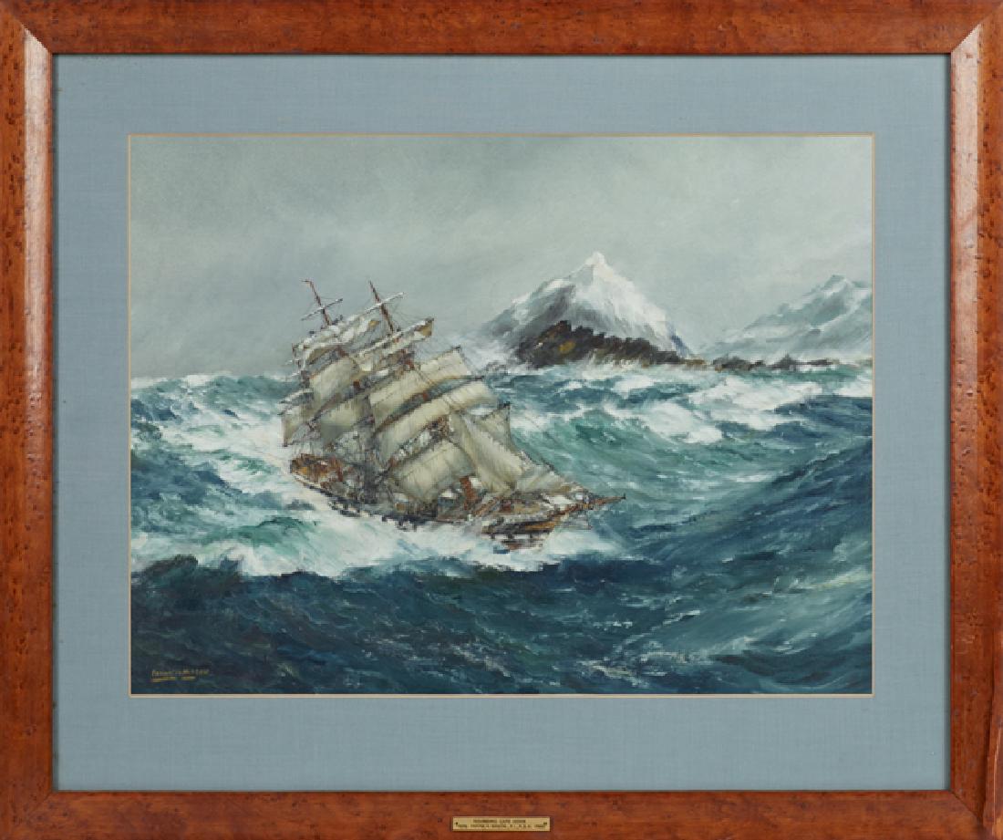 Frank Henry Mason (1876-1965, British), "Rounding Cape: Frank Henry Mason (1876-1965, British), "Rounding Cape Horn," 20th c., watercolor, signed lower left, presented in a burled frame, H.- 16 3/4 in., W.- 22 5/8 in.