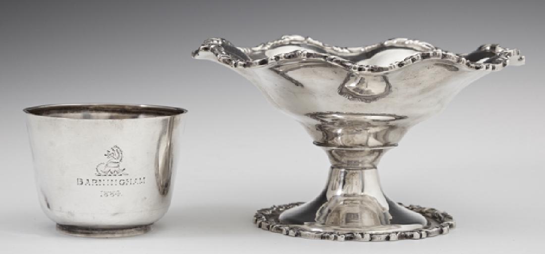 Two Sterling Articles, consisting of a Mexican Compote: Two Sterling Articles, consisting of a Mexican Compote by Juventino Lopez Reyes, and an English cup, London, 1884, by Charles Stuart Harris, the side with an armorial engraving and "Barningham", Compo