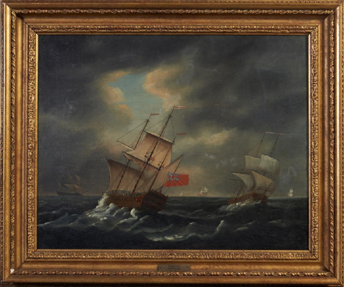 Robert Wilkins (1740-1790, British), "British Man o': Robert Wilkins (1740-1790, British), "British Man o' War in Choppy Seas," 18th c., oil on canvas, labeled verso, H.- 16 1/2 in., W.- 20 1/2 in.