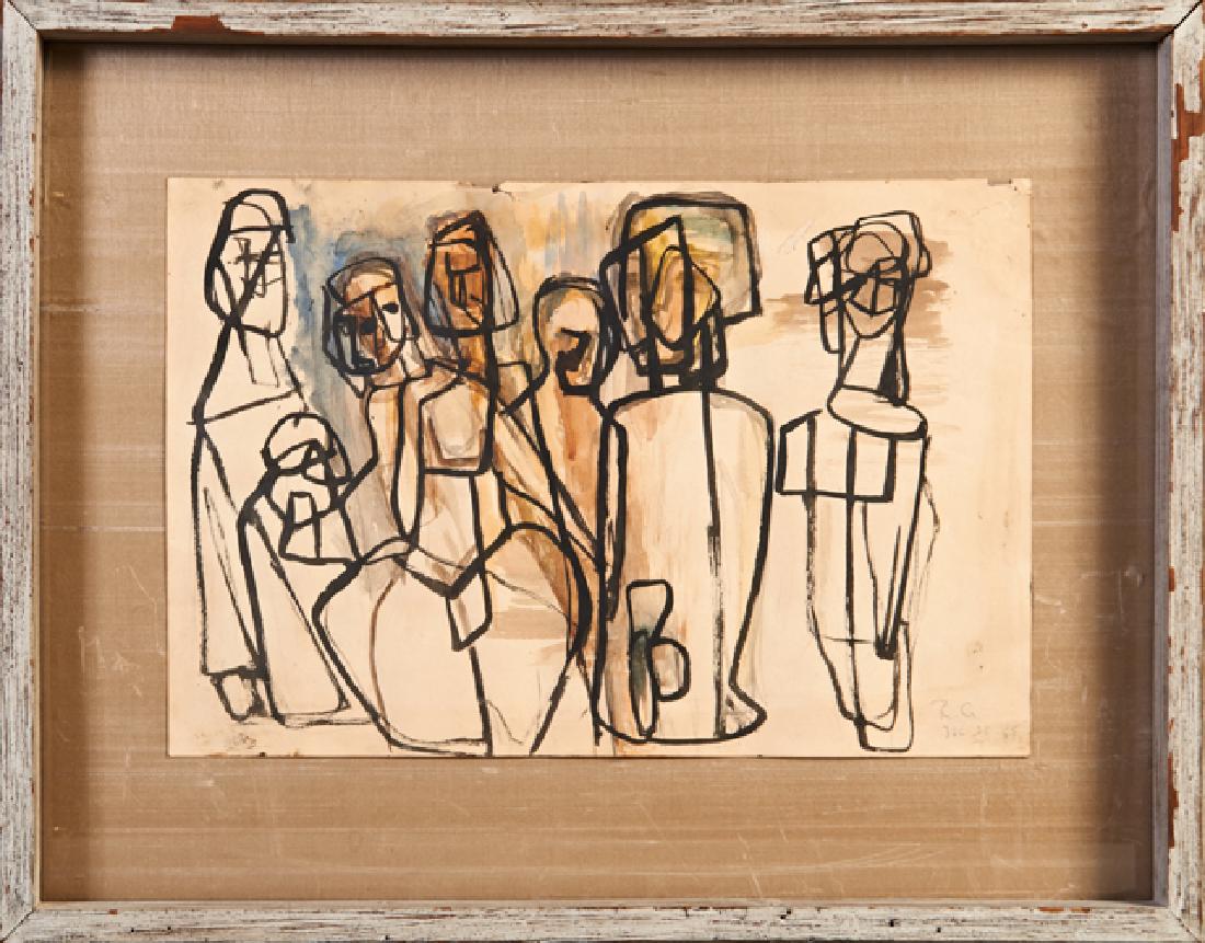 Robert Gordy (1933-1966, New Orleans), "Standing: Robert Gordy (1933-1966, New Orleans), "Standing Figures," watercolor, December 25, 1955, signed R.G. and dated l.r., framed, H.- 12 in., W.- 18 in.