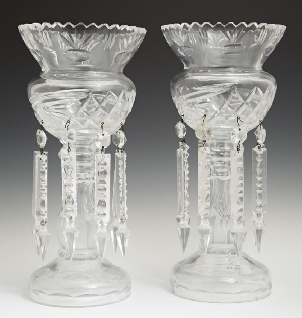 Pair of Cut Glass Lusters, early 20th c., with saw toot: Pair of Cut Glass Lusters, early 20th c., with saw tooth rims, hung with bottom and spear prisms, H.- 12 1/2 in., Dia.- 5 3/9 in.