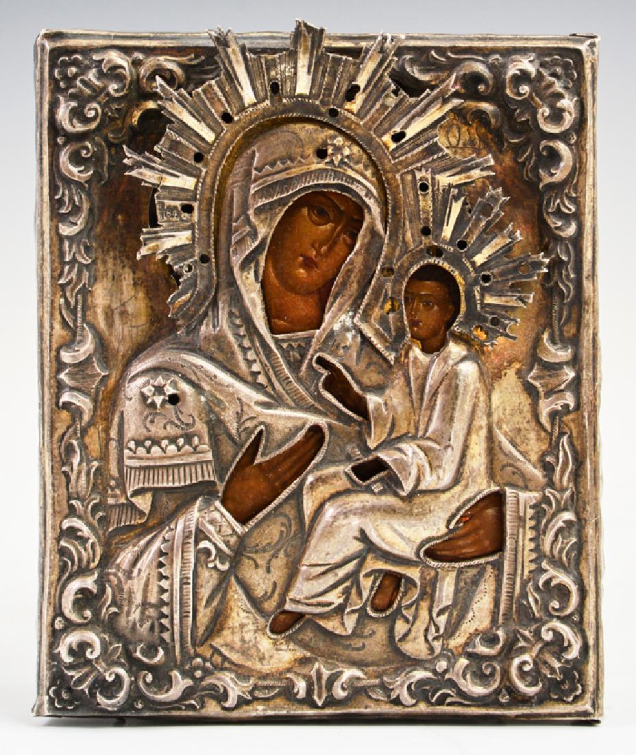 Russian Icon of the Virgin of Tikhvin, Moscow, 1850,: Russian Icon of the Virgin of Tikhvin, Moscow, 1850, with a silver oklad, with a maker's mark of "AK," perhaps Anton Kuzmichev, H.- 5 1/2 in., W.- 4 3/8 in.