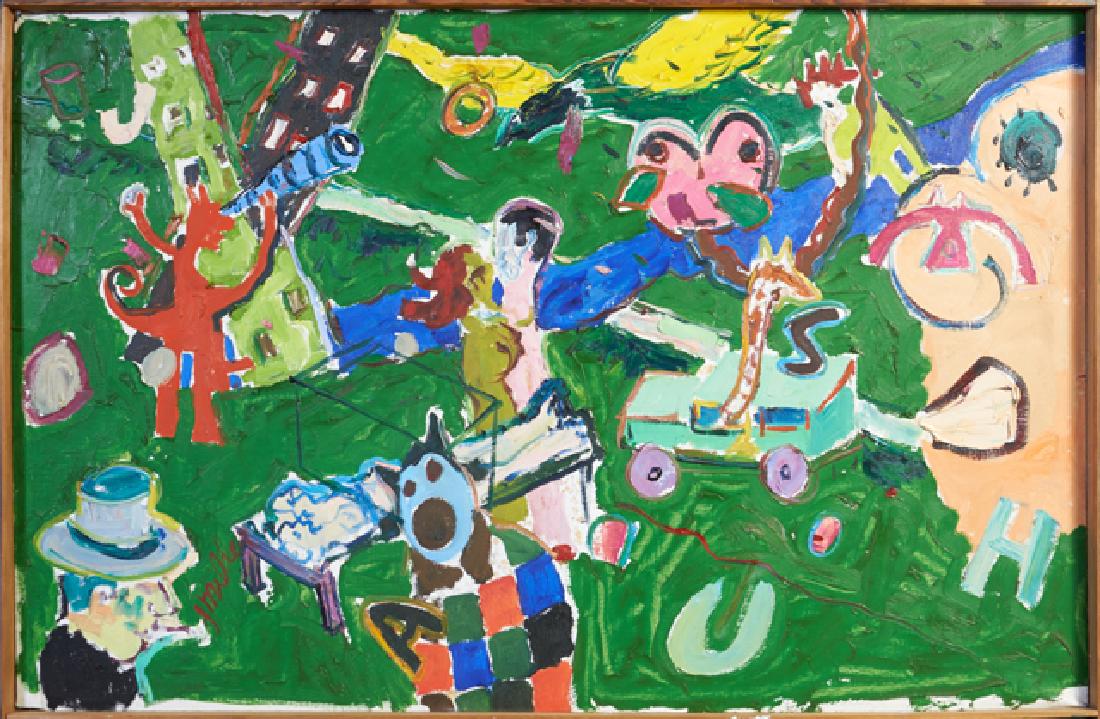 Jay Milder (1934- ), "San Felipe Dream," 1975, oil on: Jay Milder (1934- ), "San Felipe Dream," 1975, oil on canvas, signed lower left, signed, titled and dated verso on stretcher, H.- 33 in., W.- 51 1/8 in.