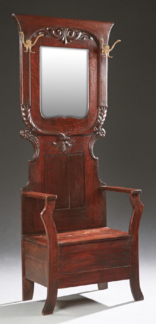American Carved Oak Hall Seat, 19th c., the scrolled (1 of 1)