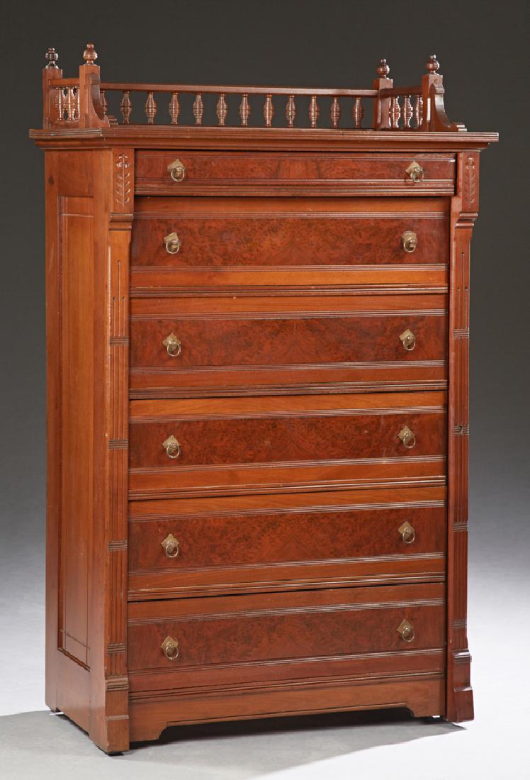 American Eastlake Carved Burled Walnut Sidelock Chest, (1 of 1)