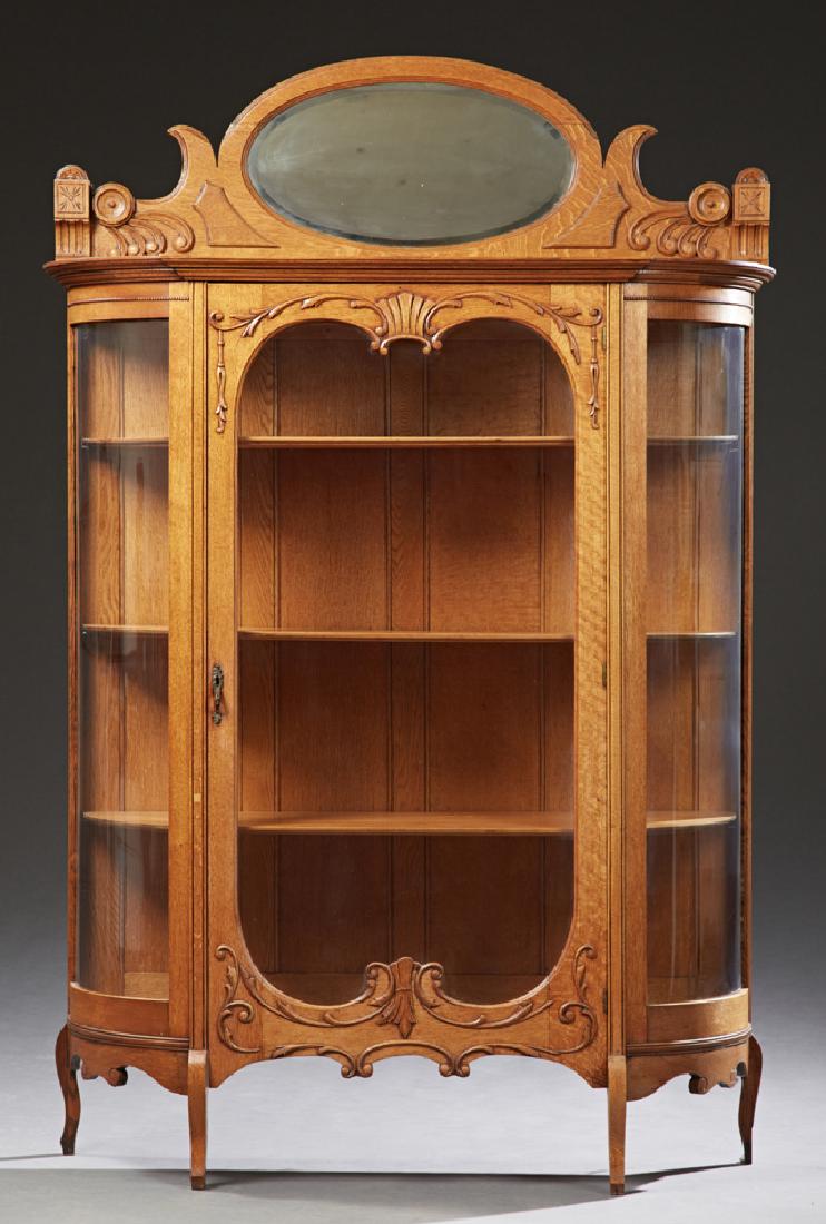 American Victorian Carved Oak Curved Glass Cabinet, c. (1 of 1)
