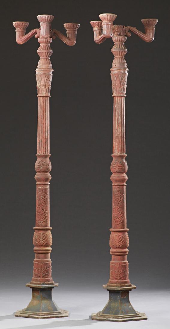 Pair of Cast Iron Light Posts, 20th c., with three (1 of 1)