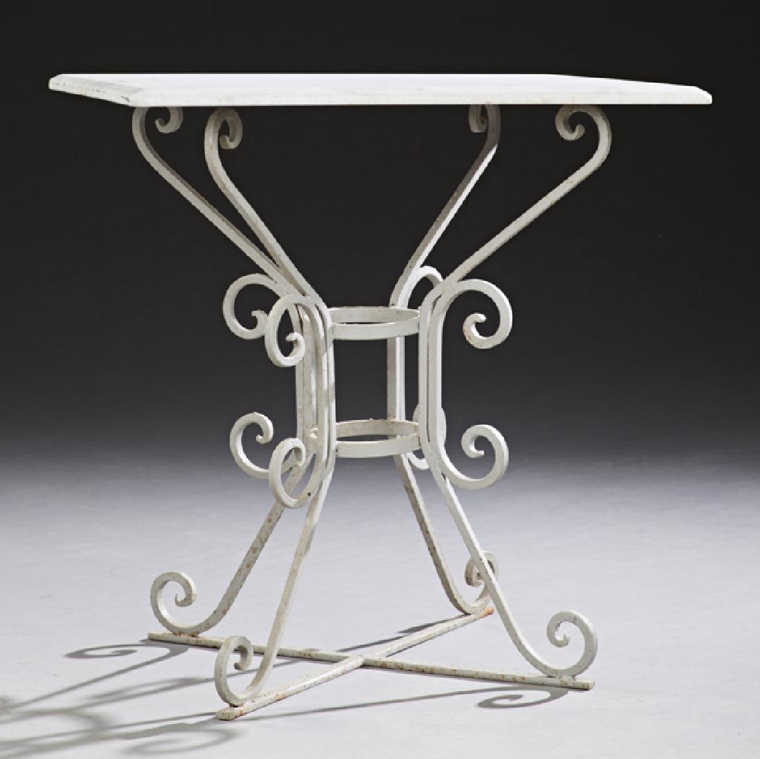 French Wrought Iron Marble Top Bistro Table, 20th c., (1 of 2)