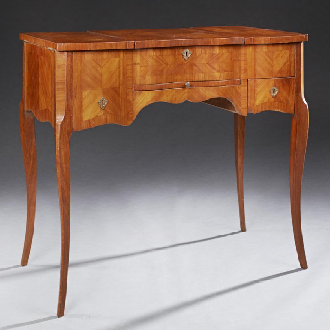 French Louis XV Style Parquetry Inlaid Mahogany: French Louis XV Style Parquetry Inlaid Mahogany Poudreuse, 20th c., the lifting center section with an interior mirror, over open storage, flanked by a lifting lid storage compartment left and right, 