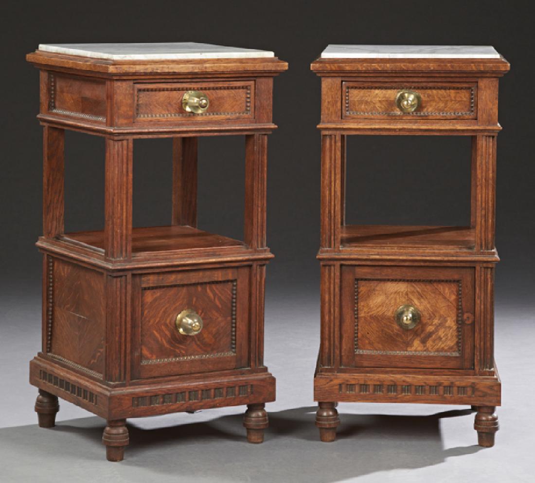Pair of Continental Carved Oak Marble Top Nightstands, (1 of 1)