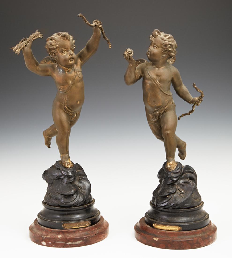 After Emile Bruchon (Active 1880-1910), L'Amour: After Emile Bruchon (Active 1880-1910), L'Amour Victorieux," and "L'Amour Trahi," c. 1900, pair of patinated spelter busts, on rouge marble bases, H.- 13 3/4 in., Dia.- 5 1/2 in. Provenance: The Estat
