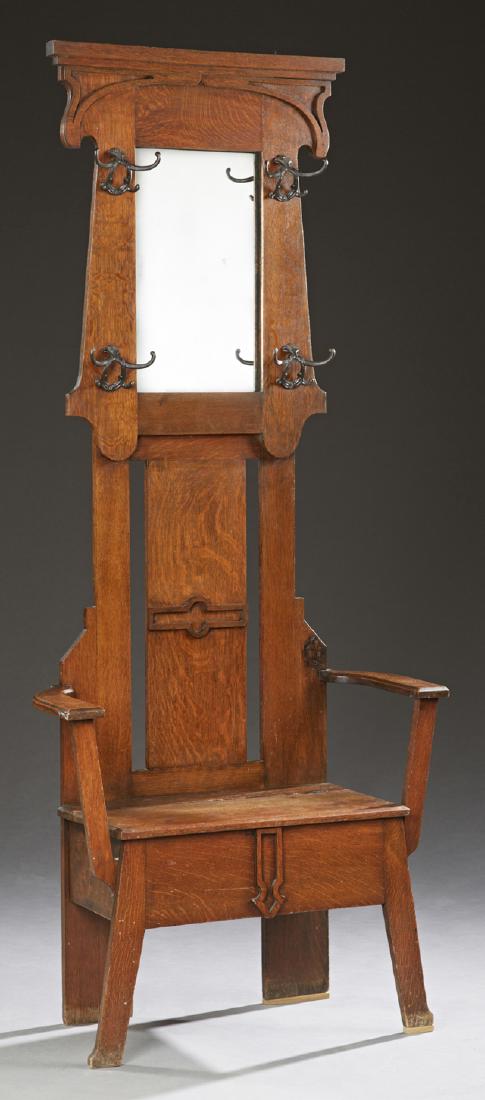American Mission Carved Oak Hall Tree Seat, c. 1900, (1 of 1)