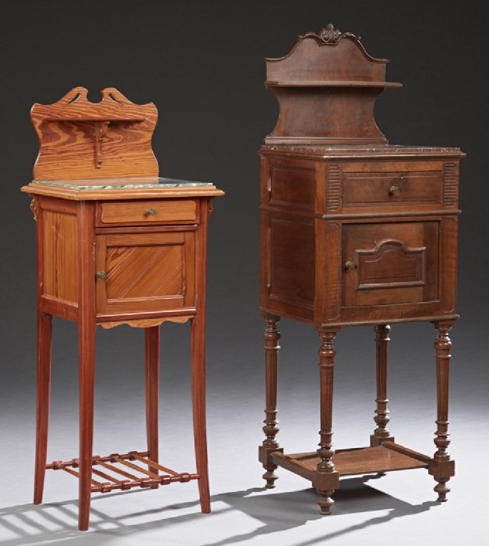 Two French Louis Philippe Marble Top Nightstands, 19th: Two French Louis Philippe Marble Top Nightstands, 19th c., one carved walnut example, the arched backplate with a shelf over the inset highly figured rouge marble above a frieze drawer over a ceramic 