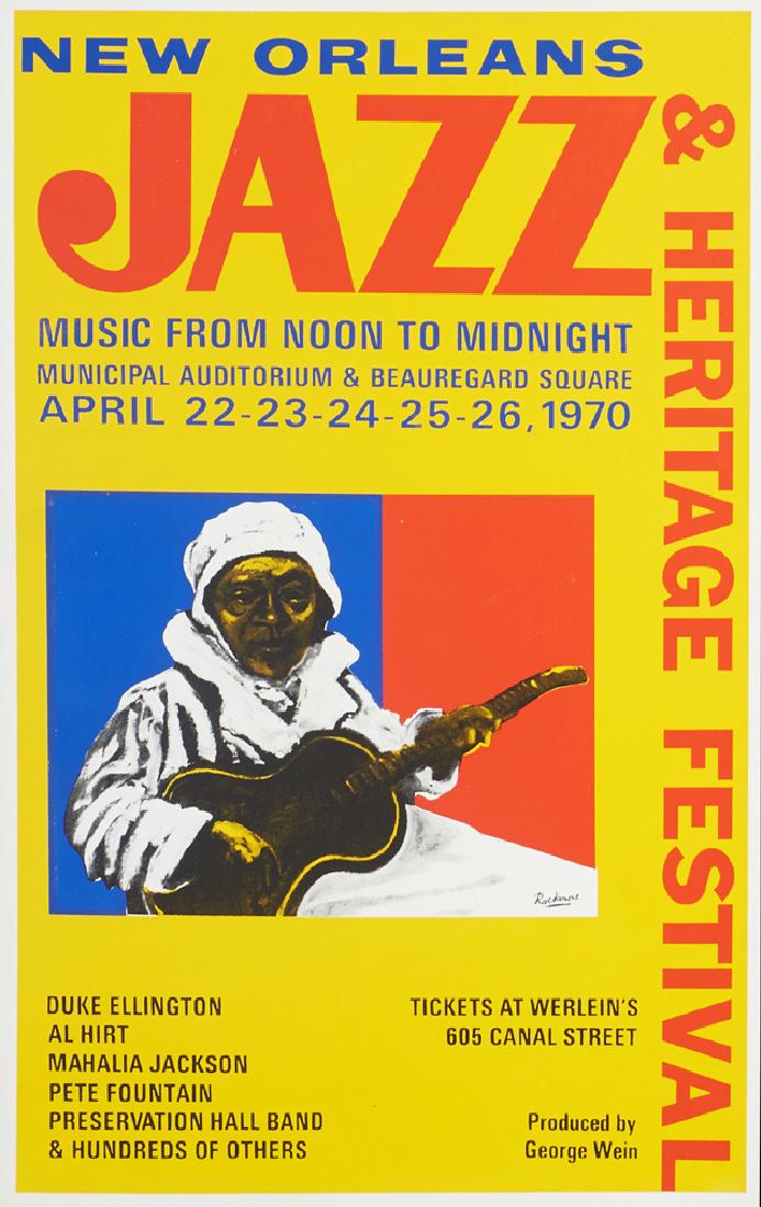Noel Rockmore (1928-1995, New Orleans) "New Orleans: Noel Rockmore (1928-1995, New Orleans) "New Orleans Jazz & Heritage Festival Poster," 1970, from the first jazz festival, depicting Sister Gertrude Morgan, presented in a plastic sleeve, H.- 22 in., W