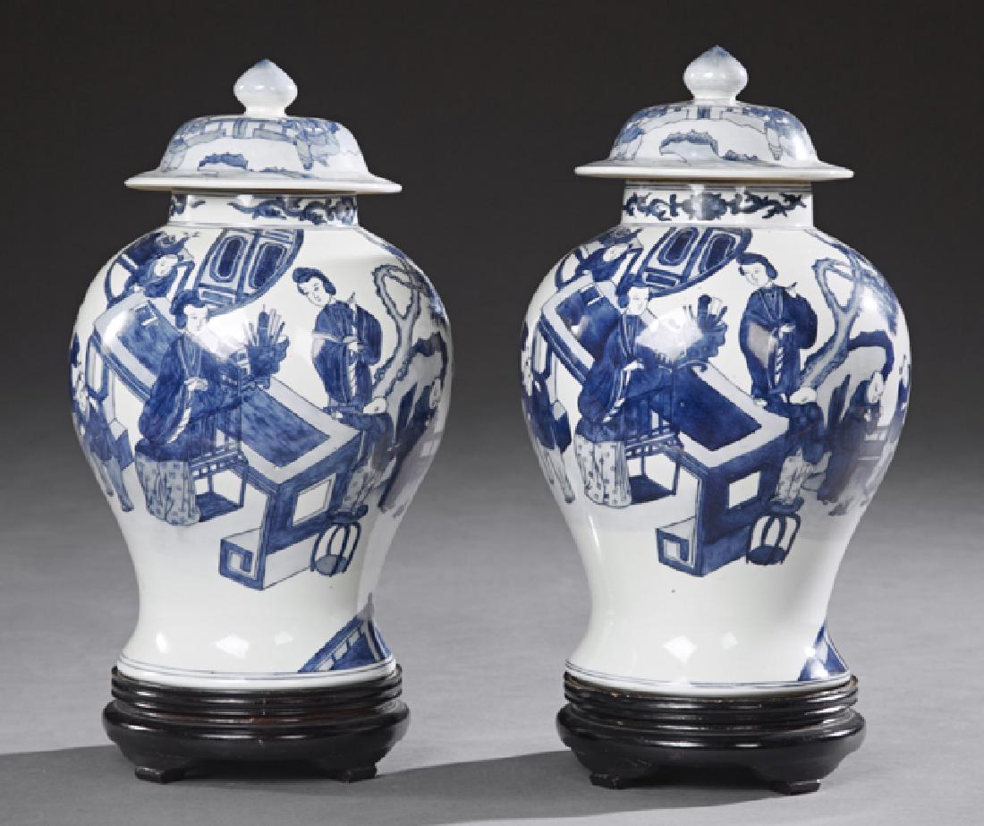 Pair of Large Chinese Blue and White Covered Jars, (1 of 1)