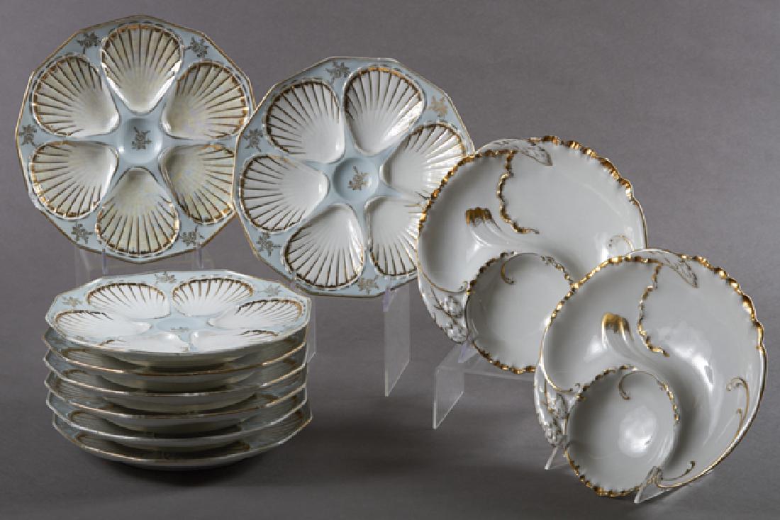 Group of Thirteen Porcelain Plates, early 20th c.,: Group of Thirteen Porcelain Plates, early 20th c., consisting of three artichoke plates by Haviland, with gilt decoration; and 10 Limoges polychromed oyster plates by Bernardaud & Co., Oyster- H.- 1 3